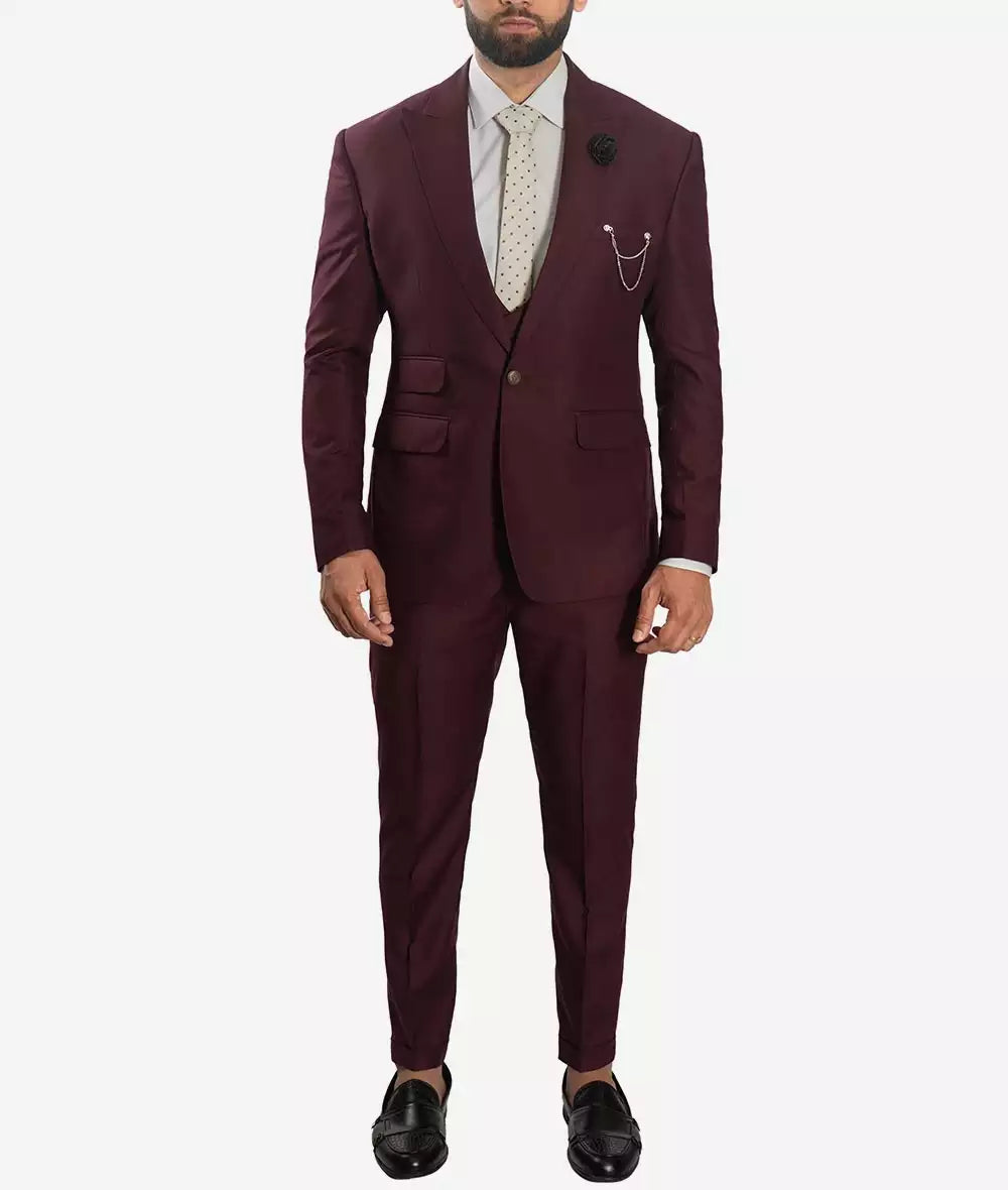 Morgan Men's Slim Fit Peak Lapel 3-Piece Burgundy Suit