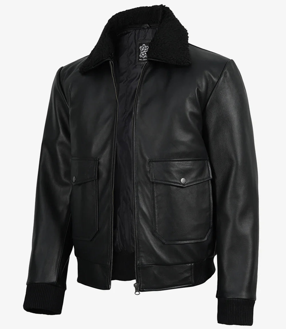 Men's Black Leather Aviator Jacket with Detachable Faux Shearling Collar