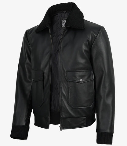Men's Black Leather Aviator Jacket with Detachable Faux Shearling Collar