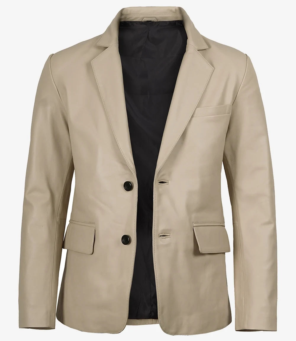 Men's Beige Lambskin Two-Button Leather Blazer