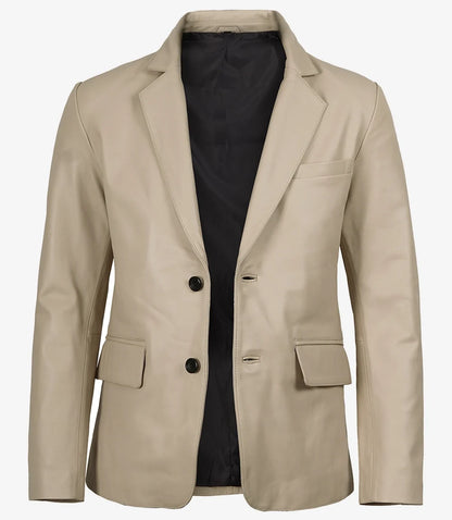 Men's Beige Lambskin Two-Button Leather Blazer