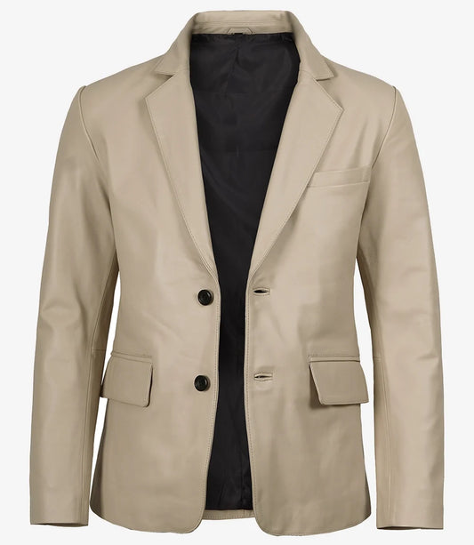 Men's Beige Lambskin Two-Button Leather Blazer