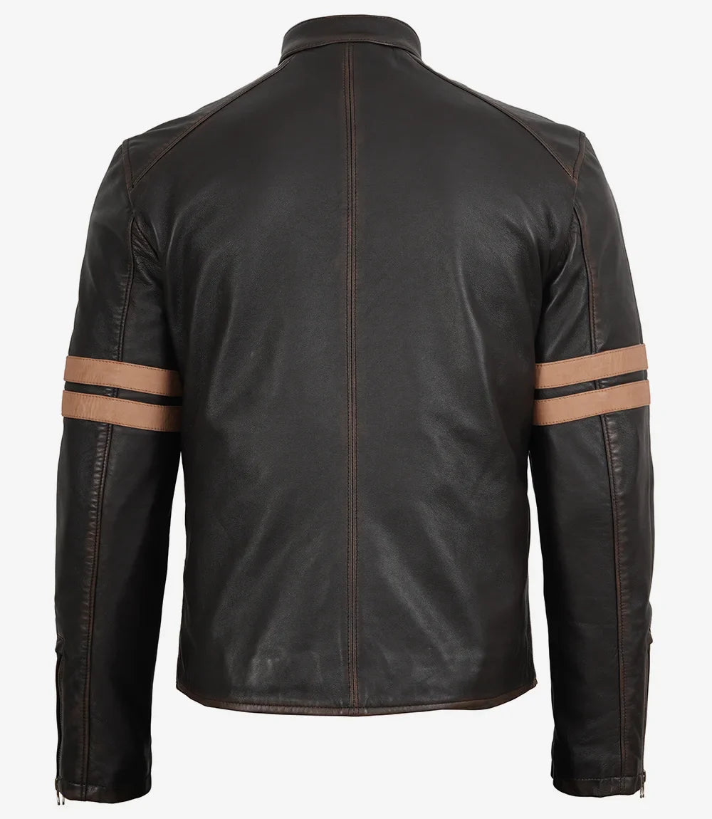 Men’s Vintage Brown Leather Biker Jacket with Dual Racing Stripes