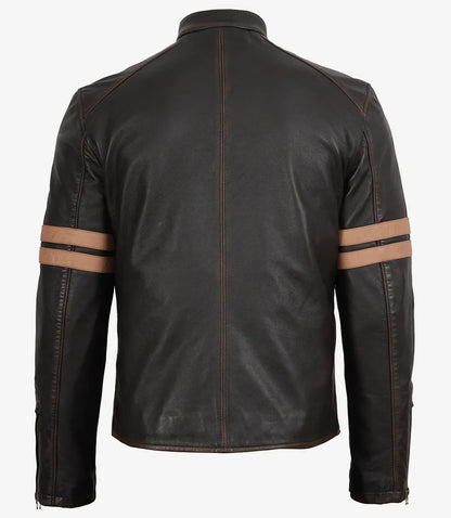 Men’s Vintage Brown Leather Biker Jacket with Dual Racing Stripes