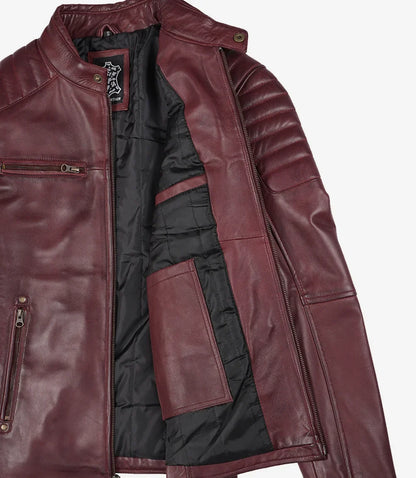 Men's Burgundy Quilted Lambskin Cafe Racer Jacket