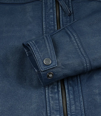 Mens Blue Washed Leather Biker Style Jacket