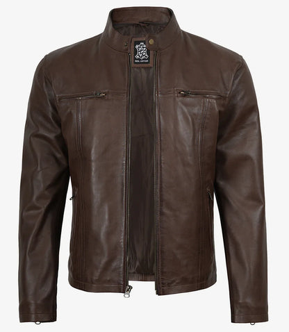 Mens Dark Brown Biker Style Leather Jacket with Hood