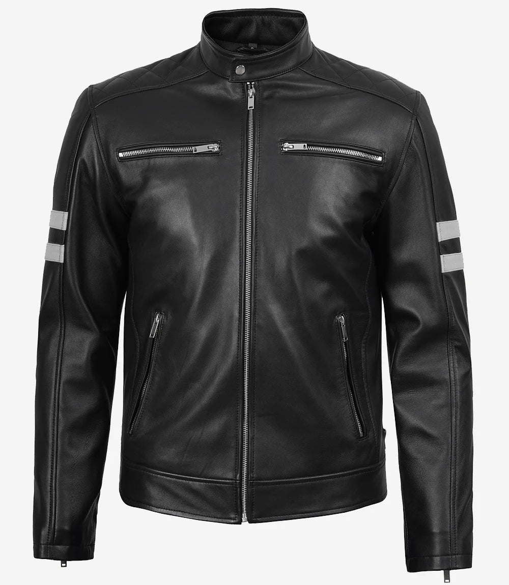 Men's Black Lambskin Cafe Racer Jacket with White Stripes