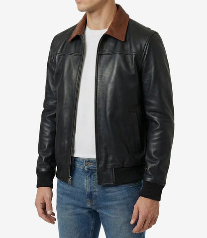 Mens Black Leather Bomber Jacket with Dark Brown Collar