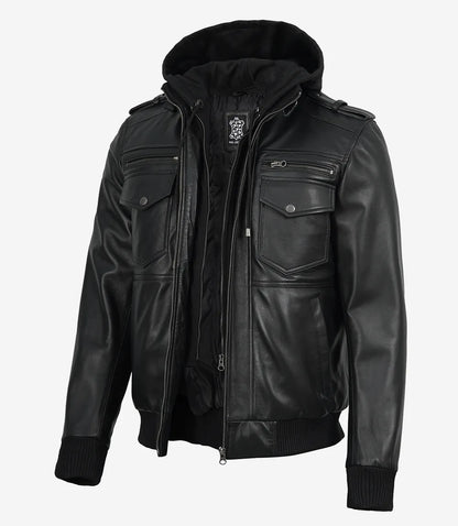Mens Classic Black Bomber Leather Jacket with Hood