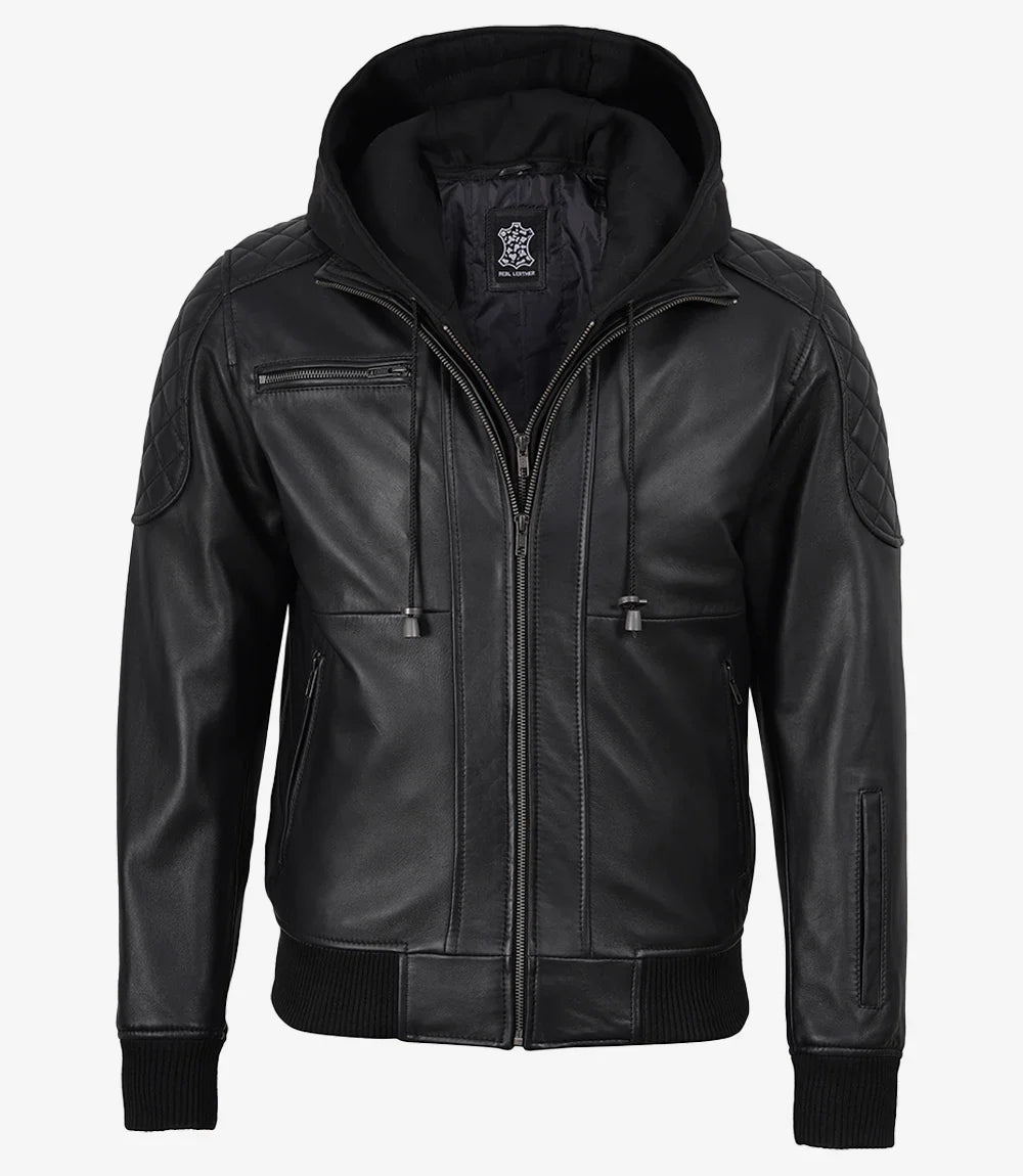 Men's Black Quilted Leather Bomber Jacket with Removable Hood