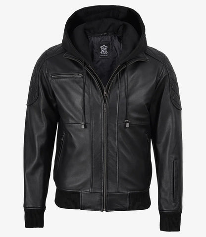 Men's Black Quilted Leather Bomber Jacket with Removable Hood