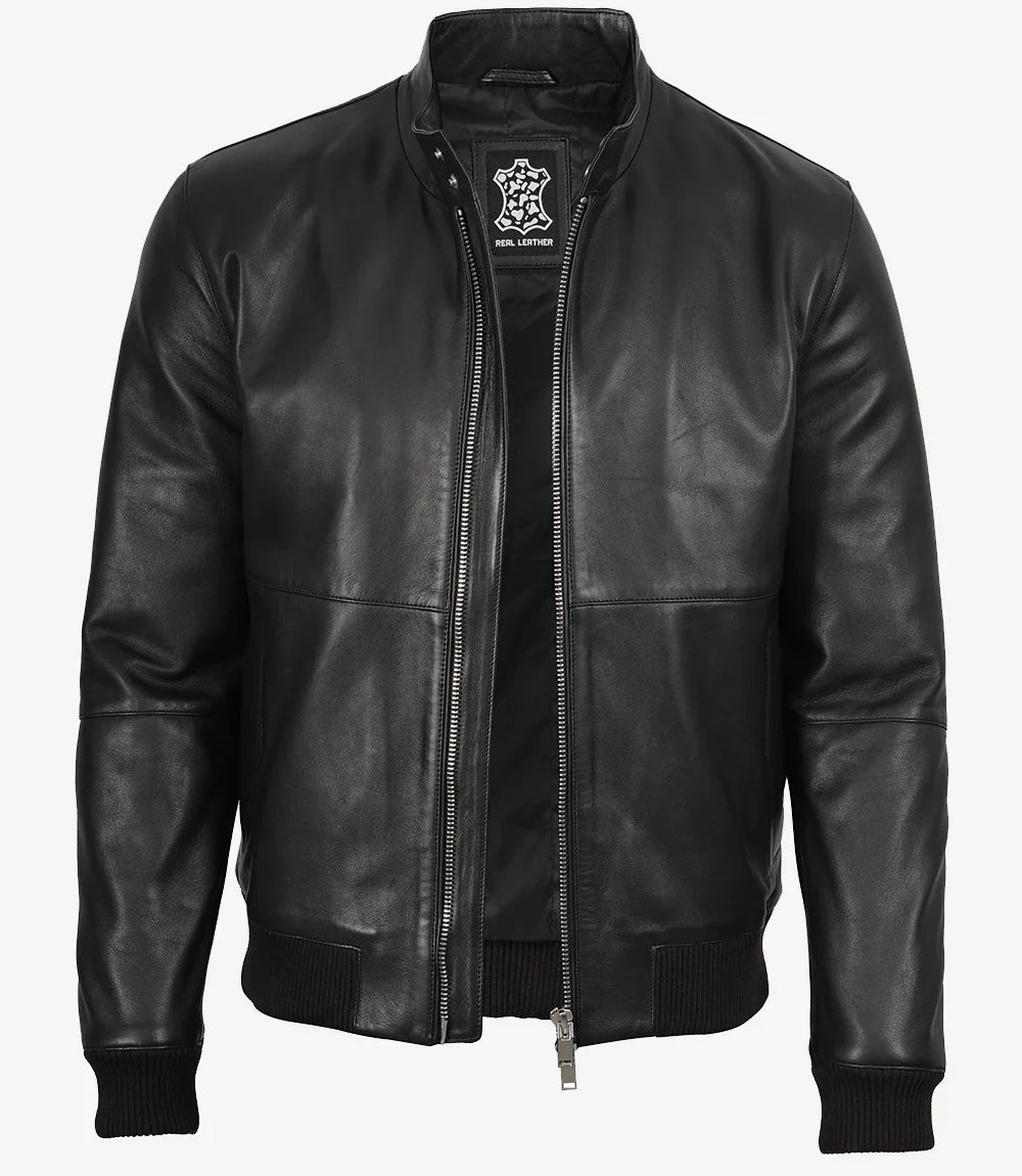 Men's Black Semi-Aniline Lambskin Leather Bomber Jacket