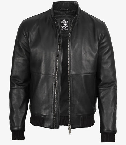 Men's Black Semi-Aniline Lambskin Leather Bomber Jacket