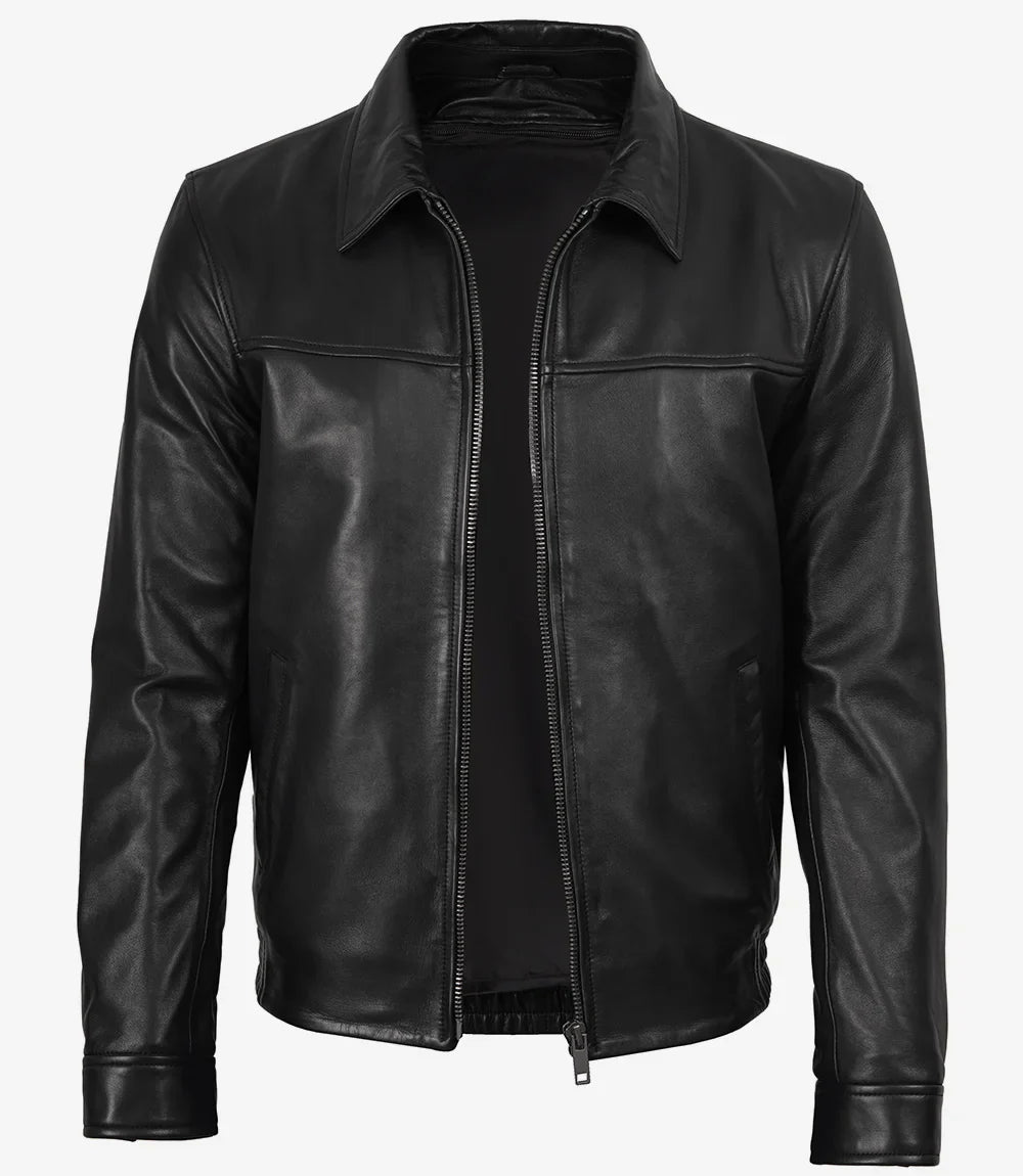 Carlton Men's Black Shirt Collar Bomber Leather Jacket
