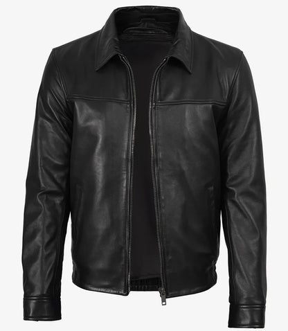 Carlton Men's Black Shirt Collar Bomber Leather Jacket