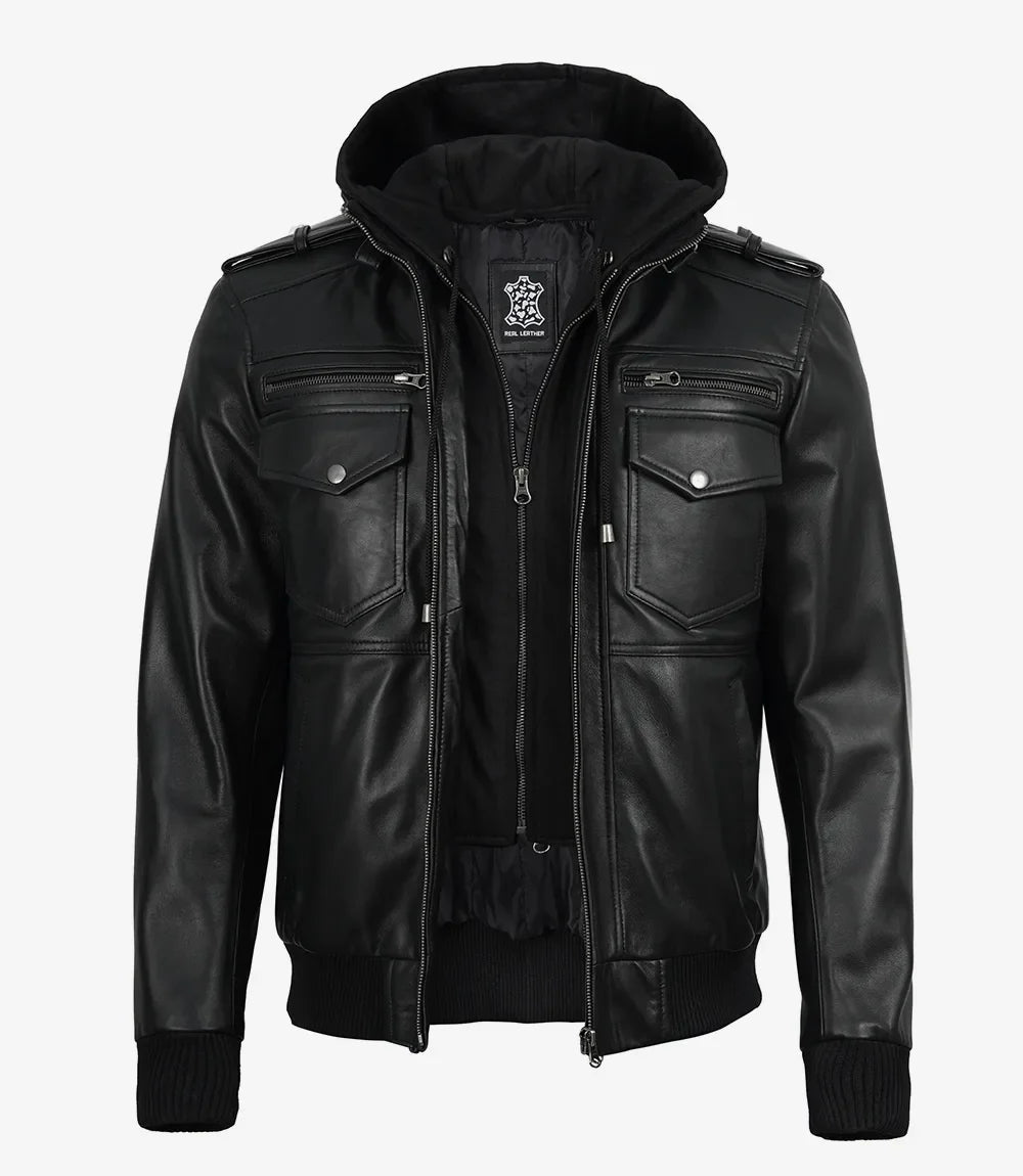 Mens Classic Black Bomber Leather Jacket with Hood