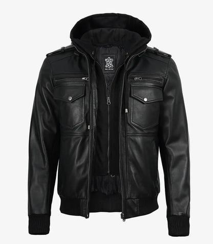Mens Classic Black Bomber Leather Jacket with Hood