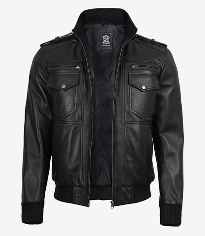 Mens Classic Black Bomber Leather Jacket with Hood