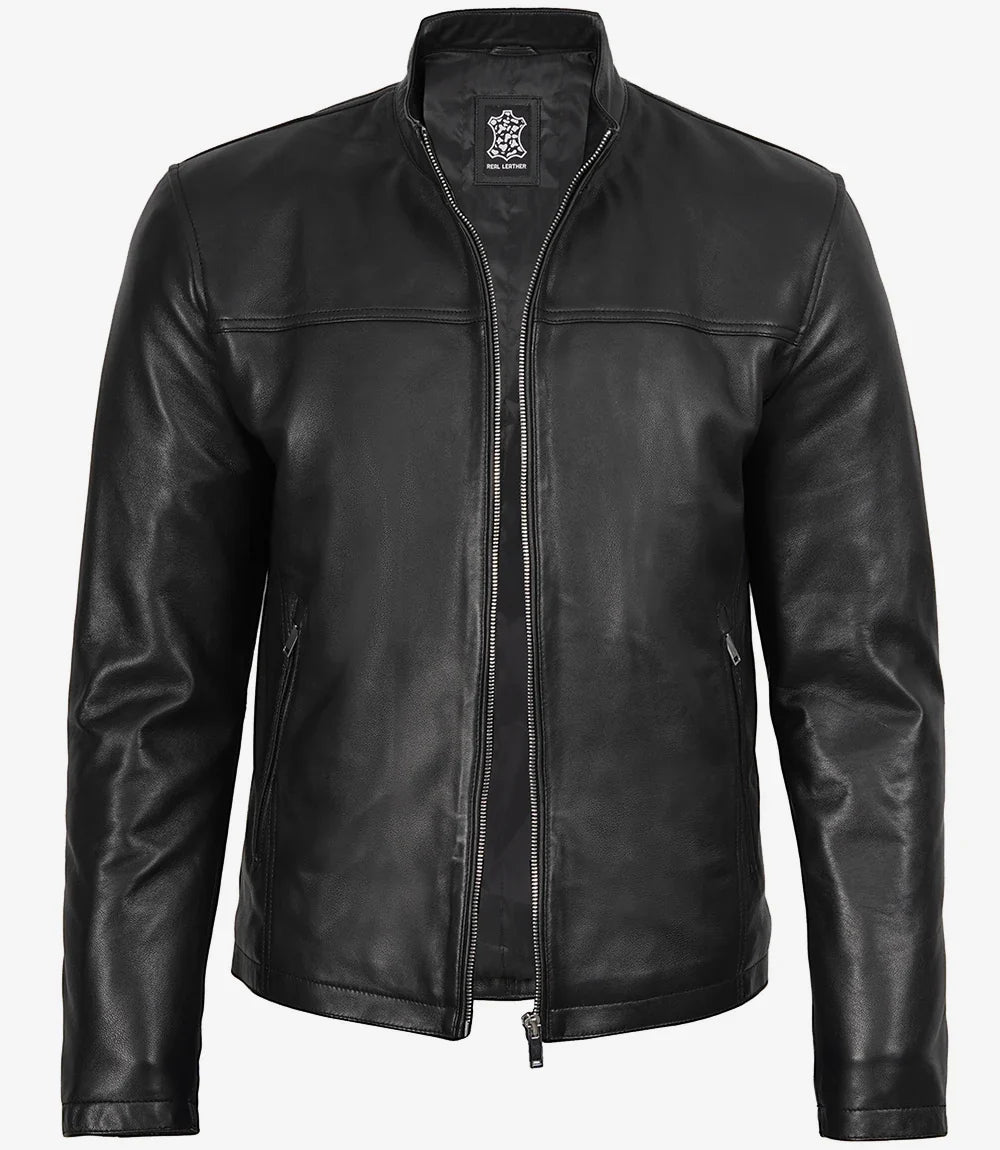 Men's Black Lambskin Cafe Racer Bomber Jacket