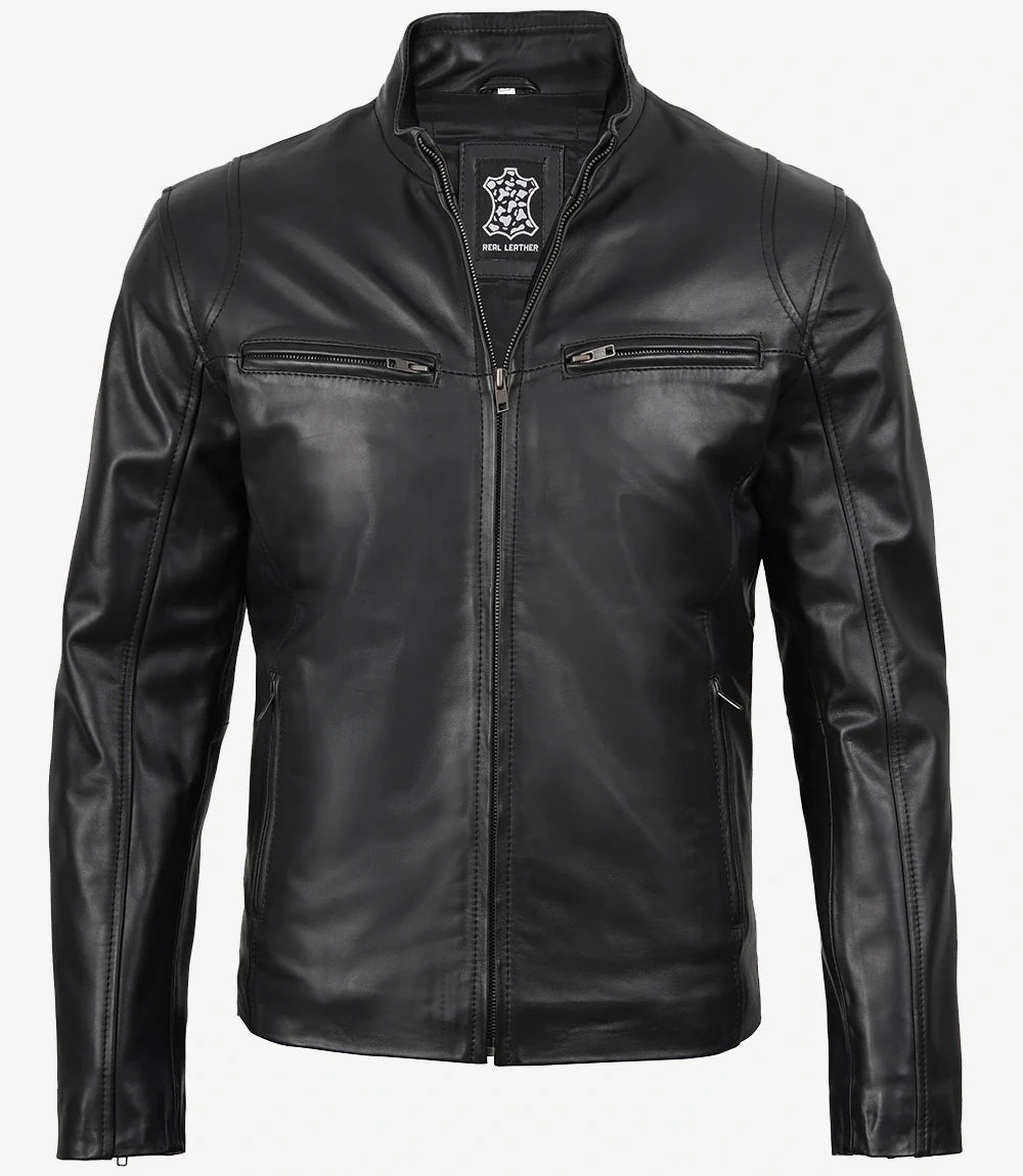 Mens Classic Black Cowhide Biker Style Leather Jacket