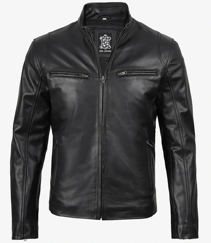 Mens Classic Black Cowhide Biker Style Leather Jacket