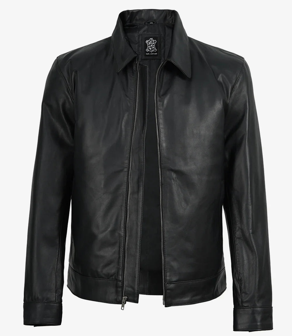 Michael Men's Black Cowhide Leather Jacket with Shirt Collar