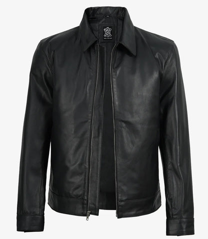 Michael Men's Black Cowhide Leather Jacket with Shirt Collar