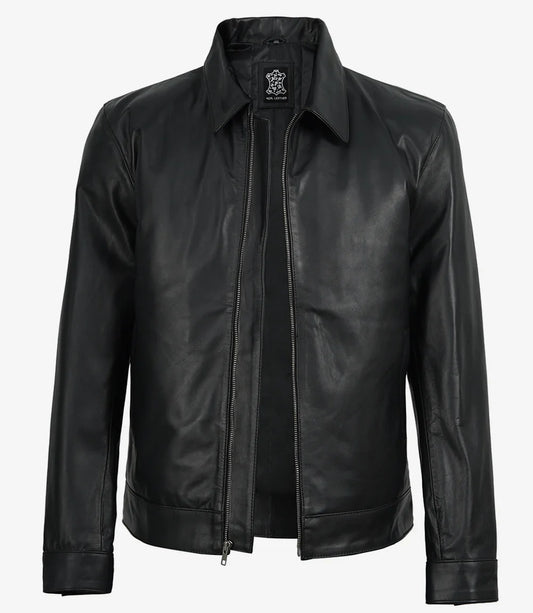 Michael Men's Black Cowhide Leather Jacket with Shirt Collar