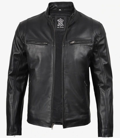 Mens Classic Black Cowhide Biker Style Leather Jacket