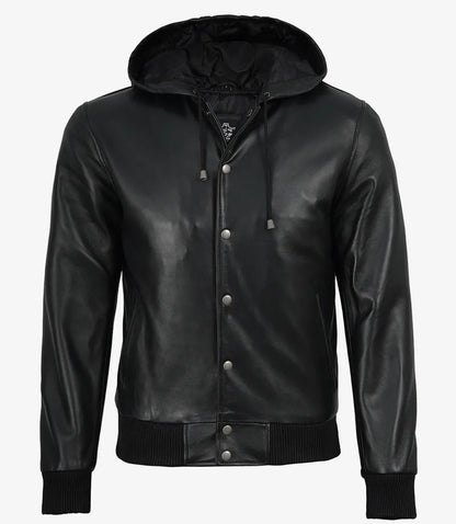 Mens Black Hooded Leather Bomber Jacket - Letterman Style
