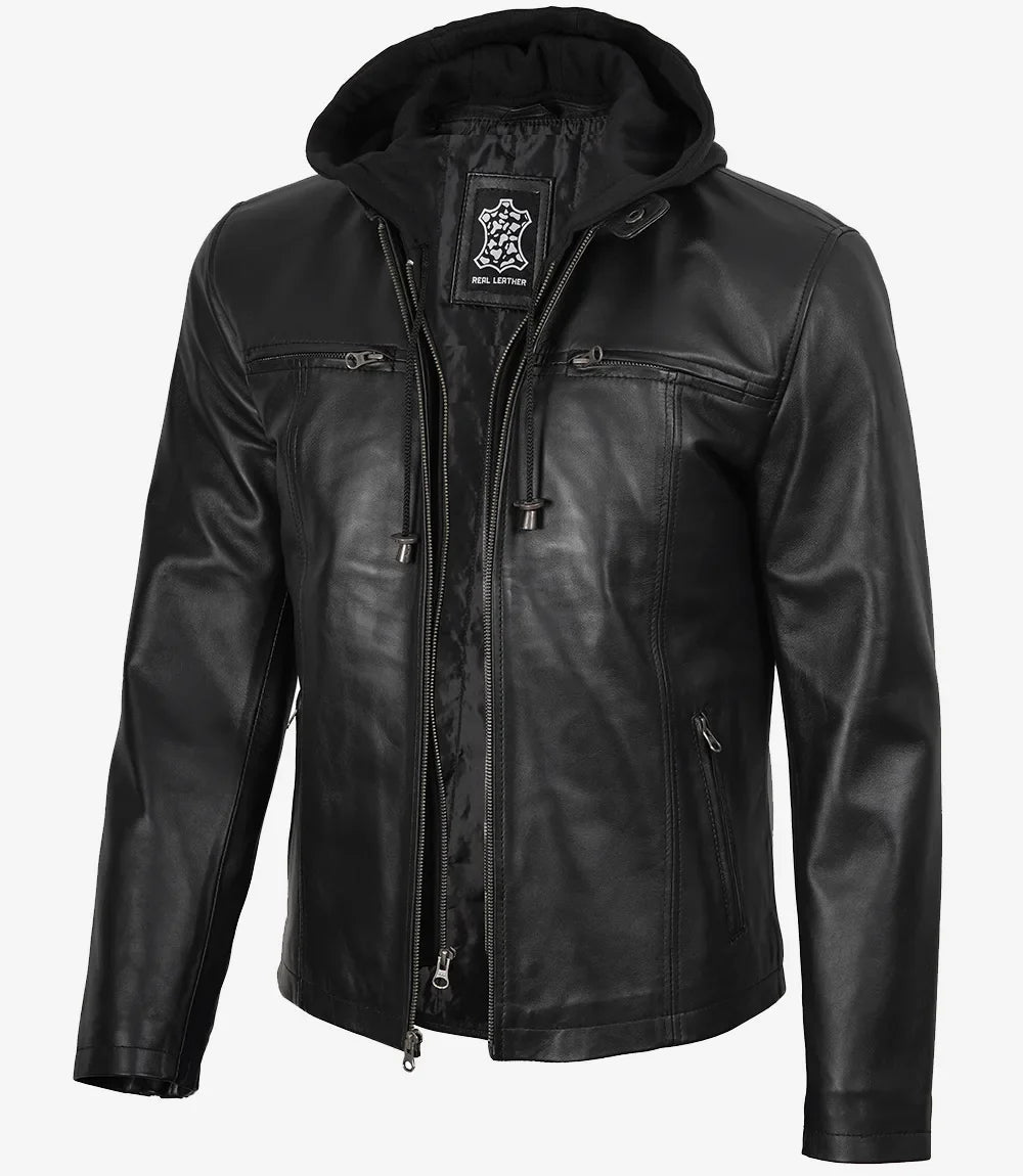 Jonathan Mens Black Cafe Racer Style Leather Jacket with Removable Hood