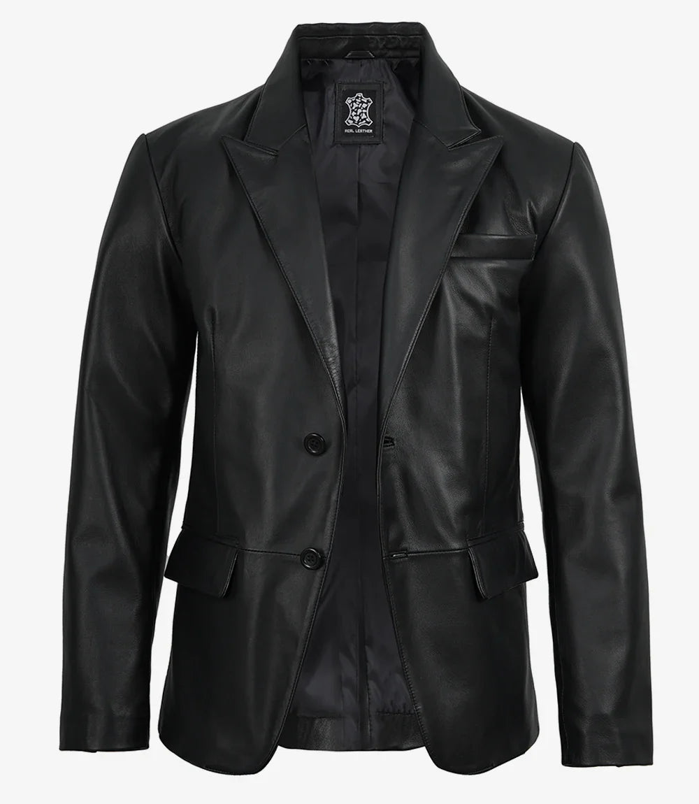 Cedric Men’s Black Lambskin Leather Blazer – Peak Lapel Tailored Fit