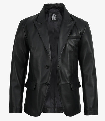 Cedric Men’s Black Lambskin Leather Blazer – Peak Lapel Tailored Fit