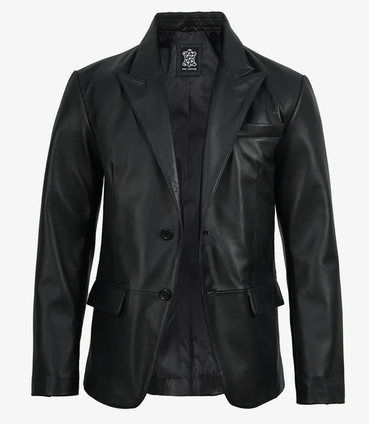 Cedric Men’s Black Lambskin Leather Blazer – Peak Lapel Tailored Fit