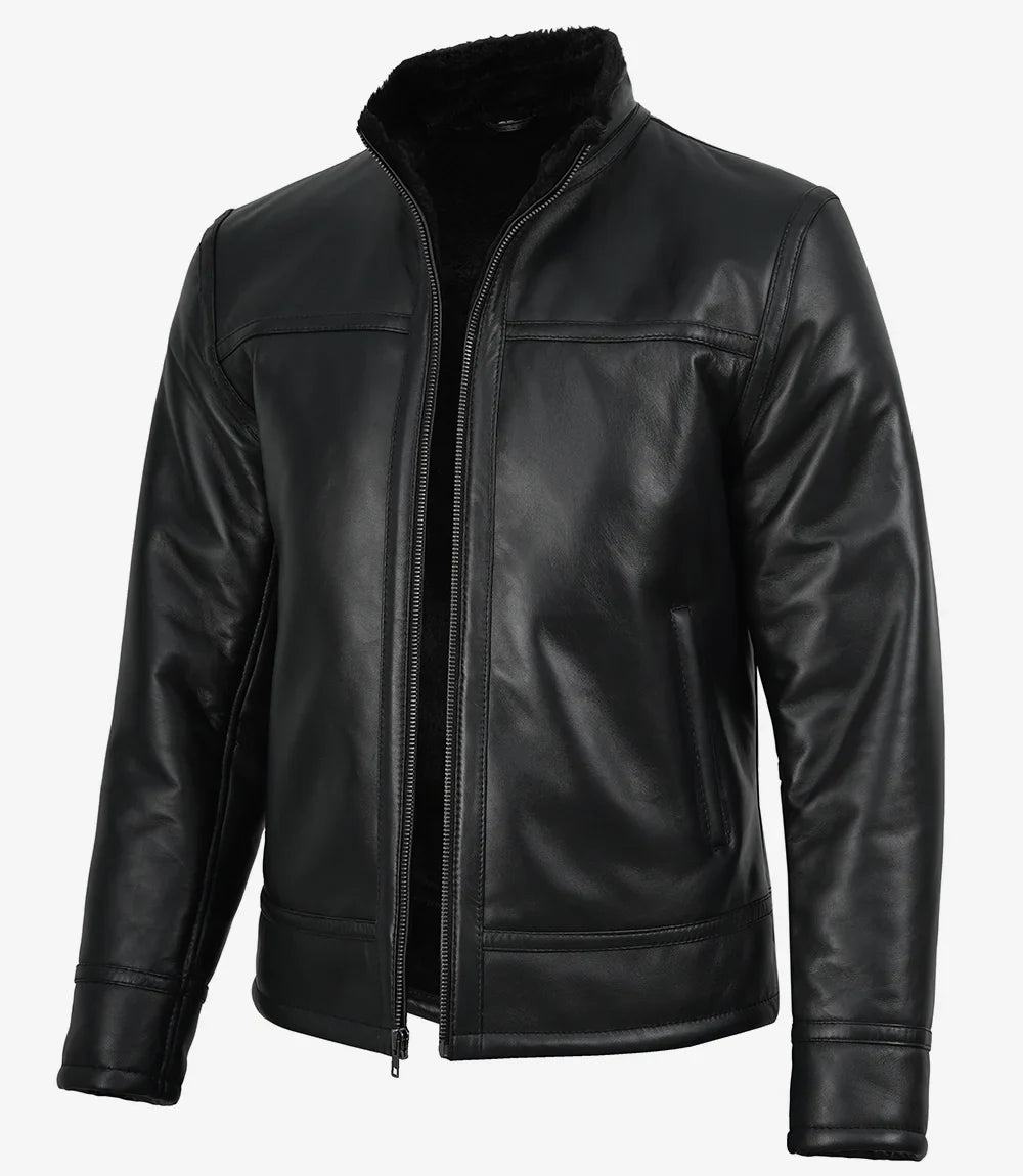 Men’s Black Real Lambskin Leather Jacket with Faux Shearling Lining