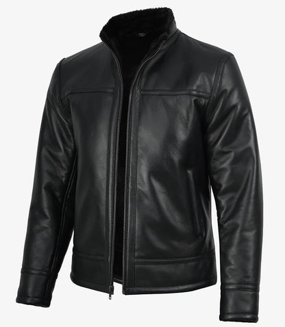 Men’s Black Real Lambskin Leather Jacket with Faux Shearling Lining