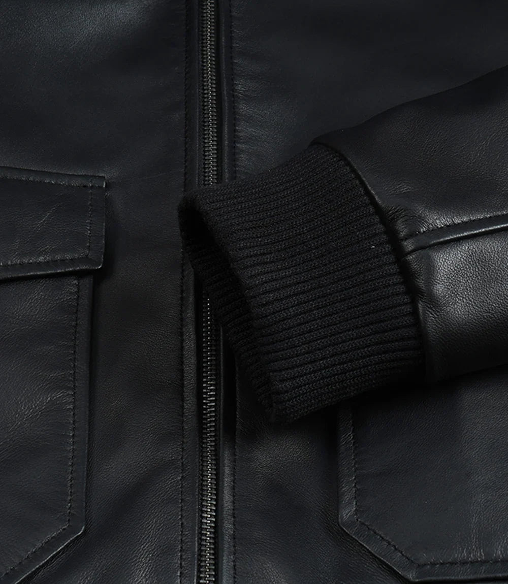 Men's Black Leather Aviator Jacket with Detachable Faux Shearling Collar