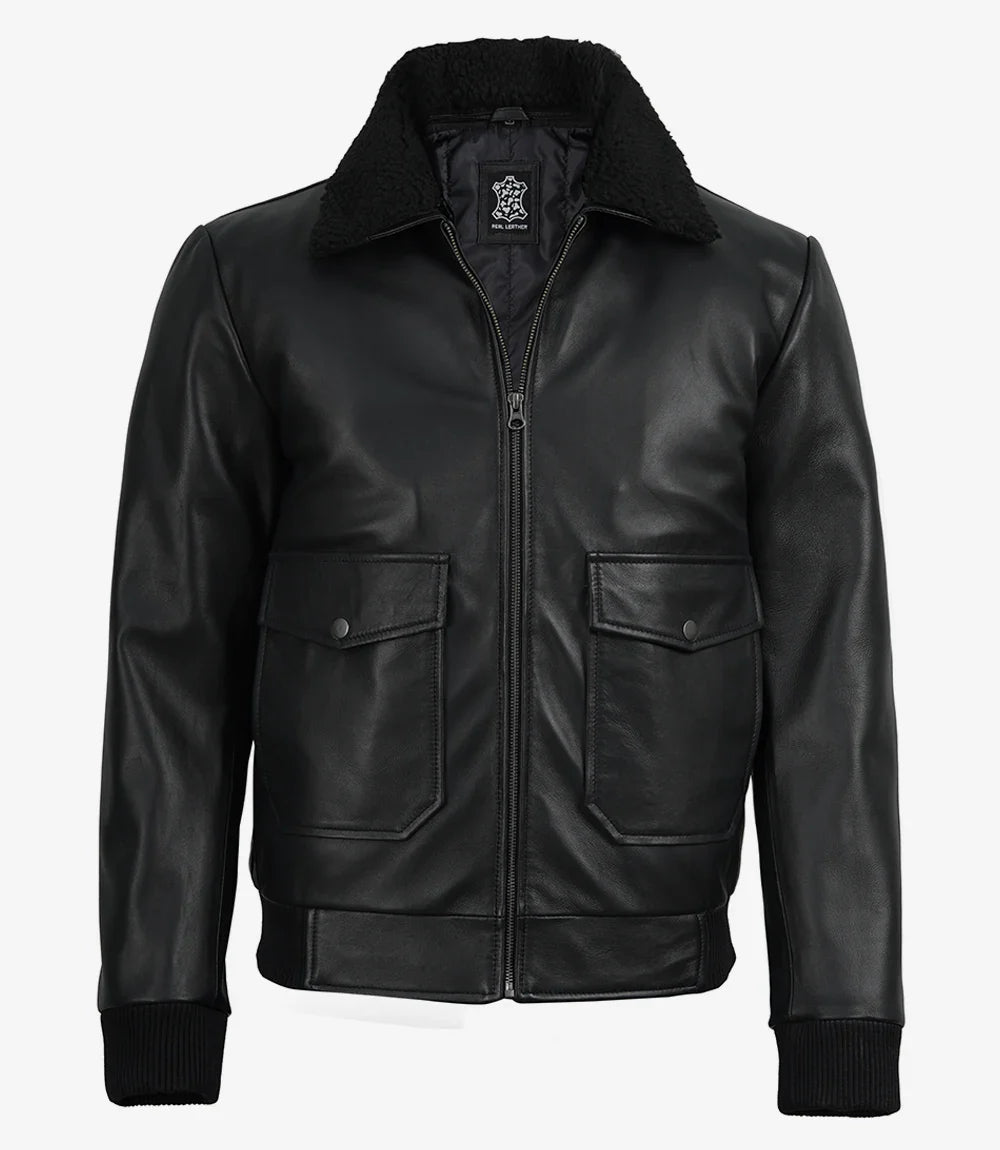 Men's Black Leather Aviator Jacket with Detachable Faux Shearling Collar