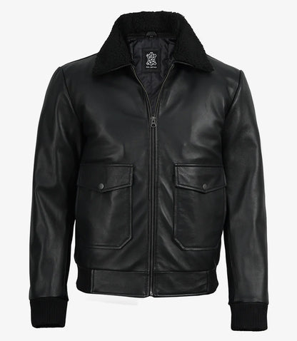 Men's Black Leather Aviator Jacket with Detachable Faux Shearling Collar