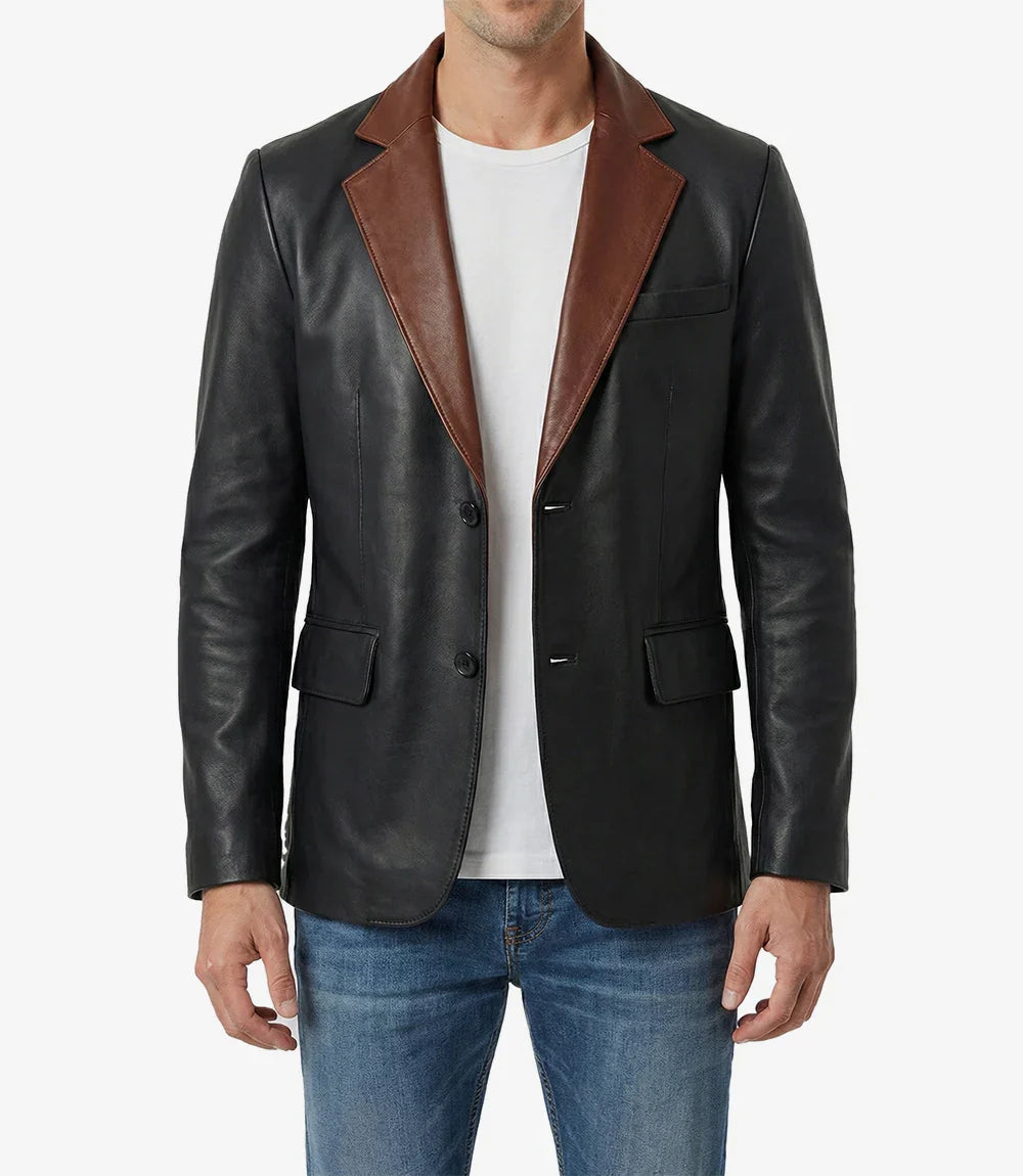 Men's Black Leather Blazer with Cognac Notch Lapel
