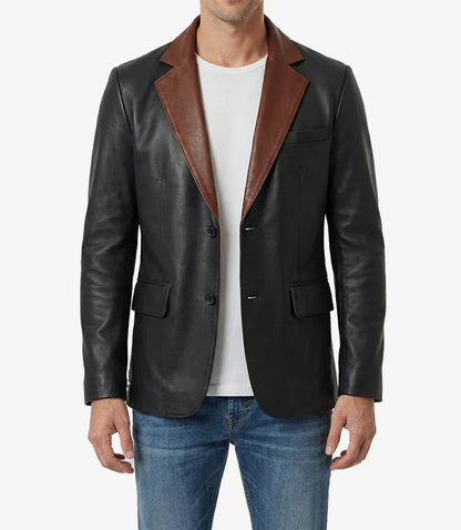 Men's Black Leather Blazer with Cognac Notch Lapel