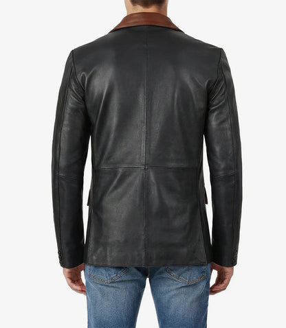 Men's Black Leather Blazer with Cognac Notch Lapel