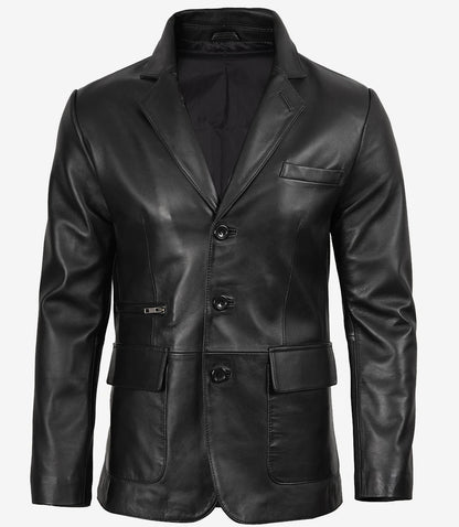 Mens Notch Lapel Three Button Black Leather Blazer
