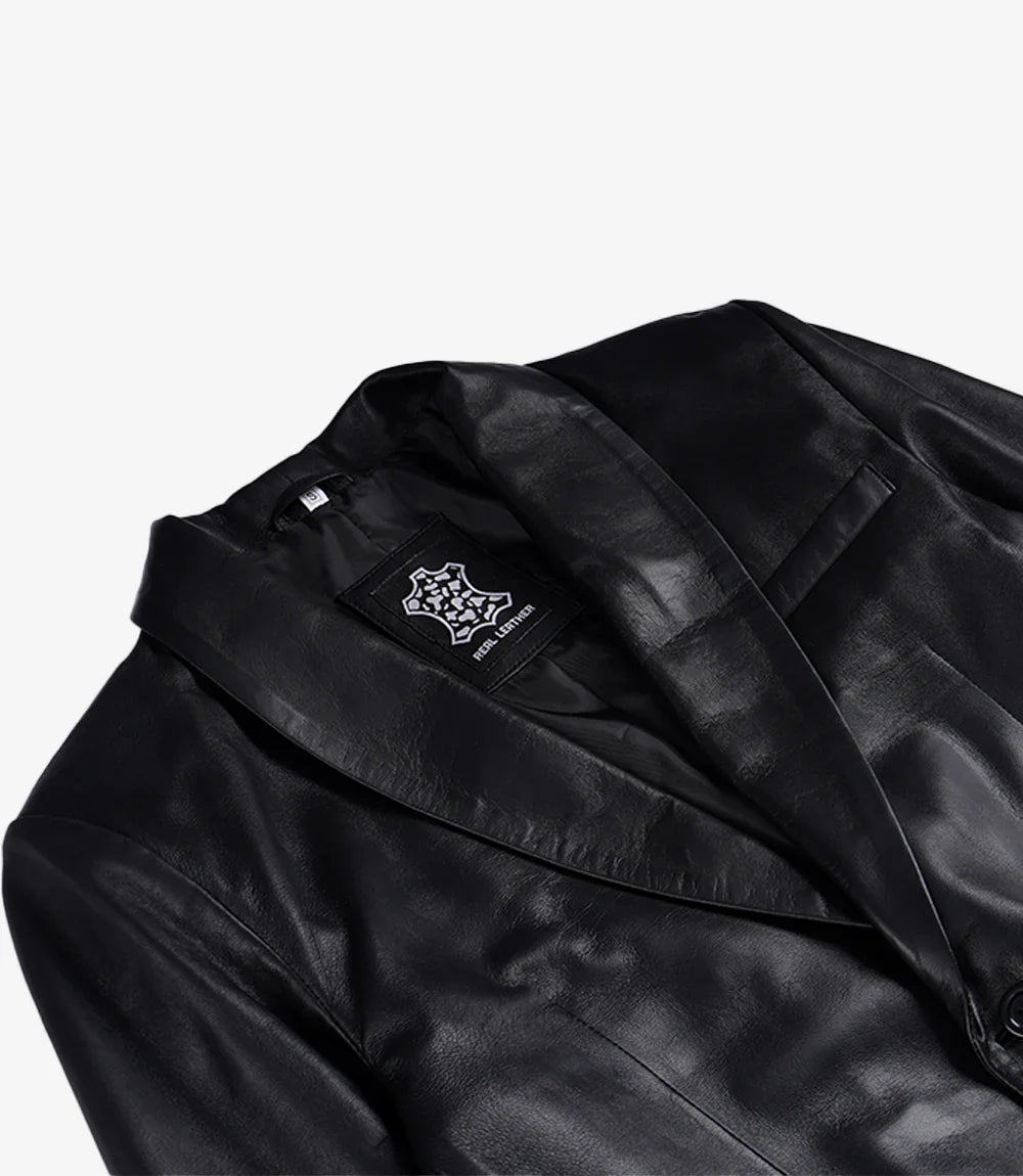 Men's Single Button Black Leather Blazer - Shawl Lapel