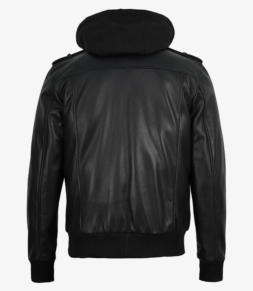 Mens Classic Black Bomber Leather Jacket with Hood