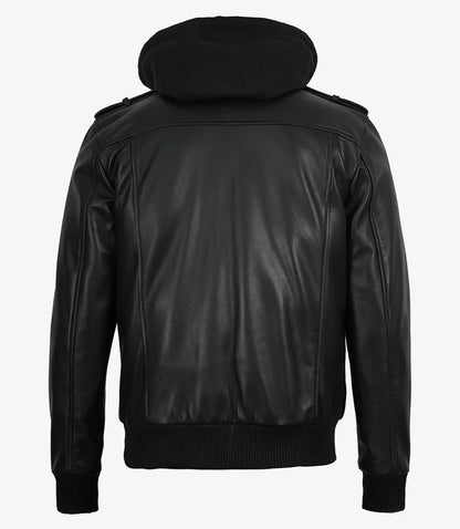 Mens Classic Black Bomber Leather Jacket with Hood