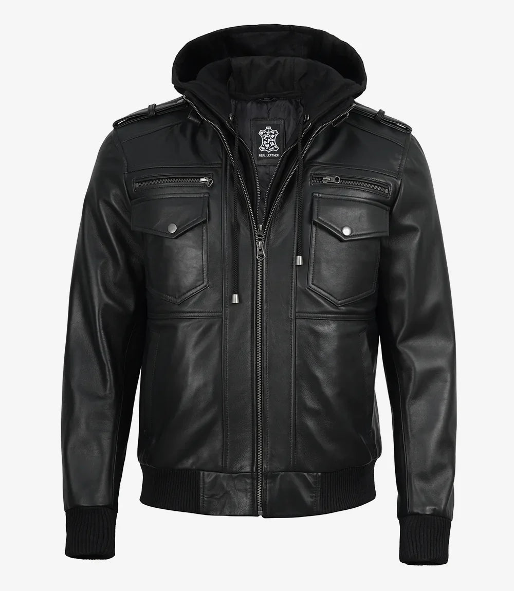 Mens Classic Black Bomber Leather Jacket with Hood