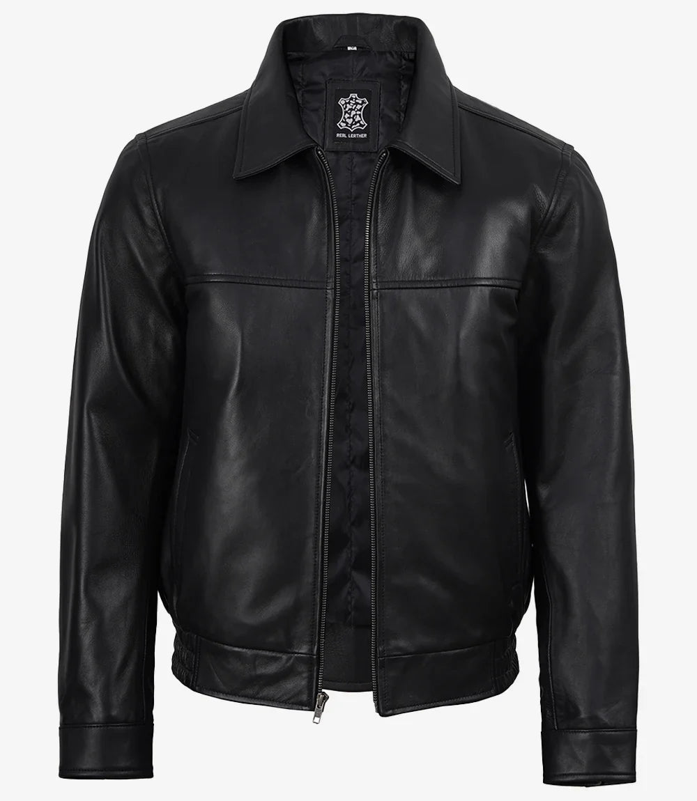 Black Classic Shirt Collar Leather Bomber Jacket for Men