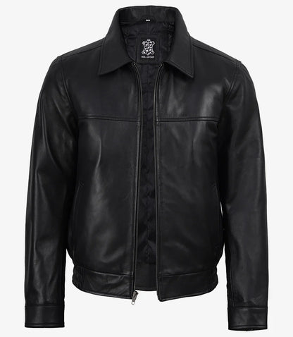 Black Classic Shirt Collar Leather Bomber Jacket for Men